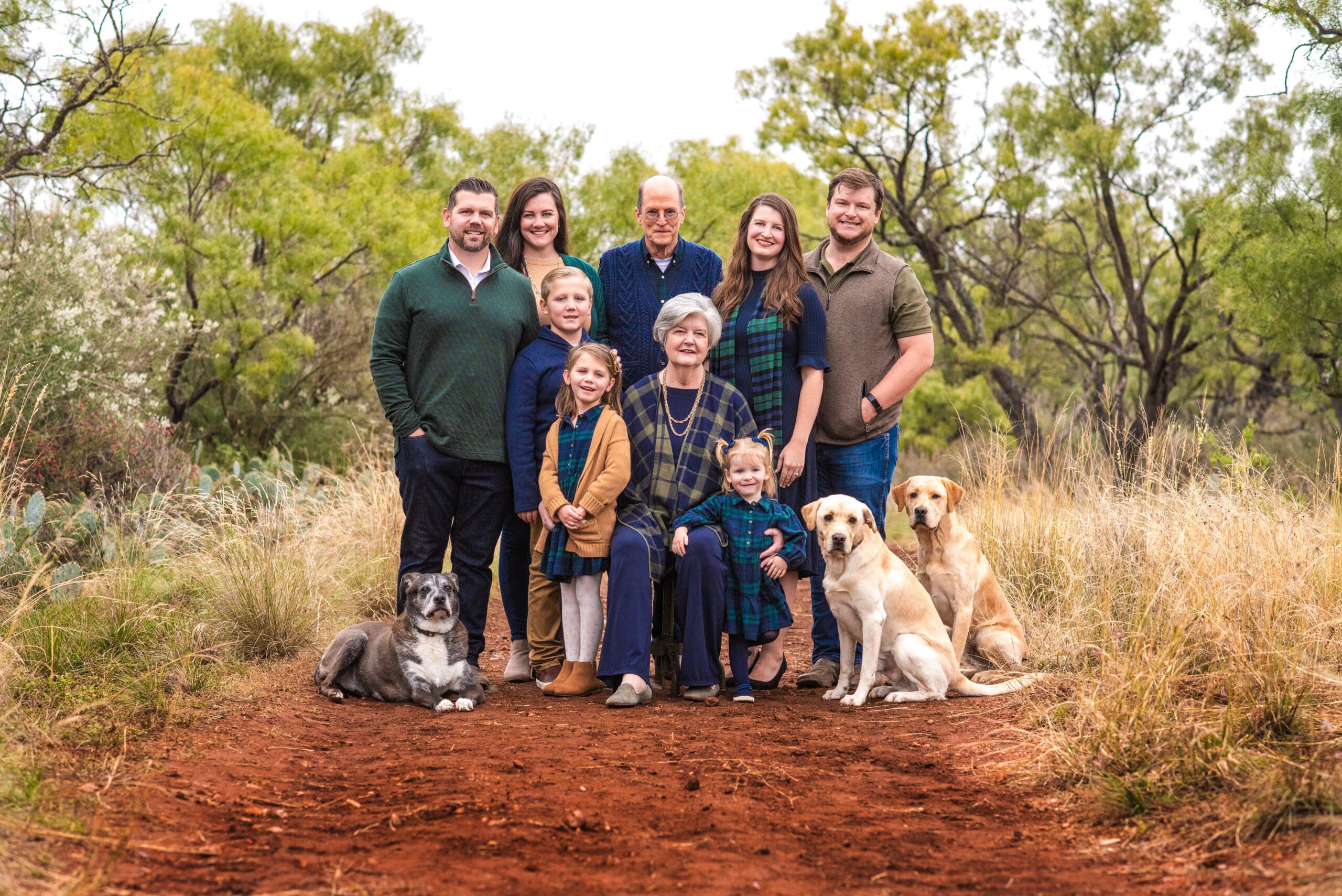 Extended family portrait, including pets